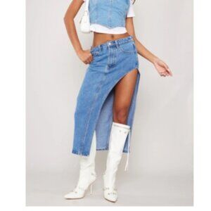 Thigh High Slit Denim Midi Skirt